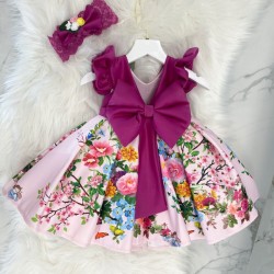 ເດັກນ້ອຍເອີຣົບແລະອາເມລິກາຂອງ dress skirt ພິມ V-back bow ແມ່ຍິງວັນເດືອນປີເກີດທໍາອິດ princess skirt dress ຂອງເດັກຍິງ